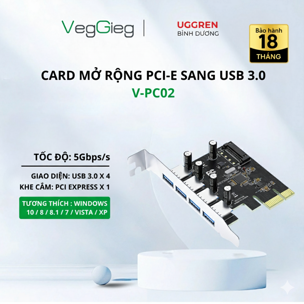 Card mở rộng PCI-E 1x To 4 Cổng USb 3.0 V-PC02 VegGieg